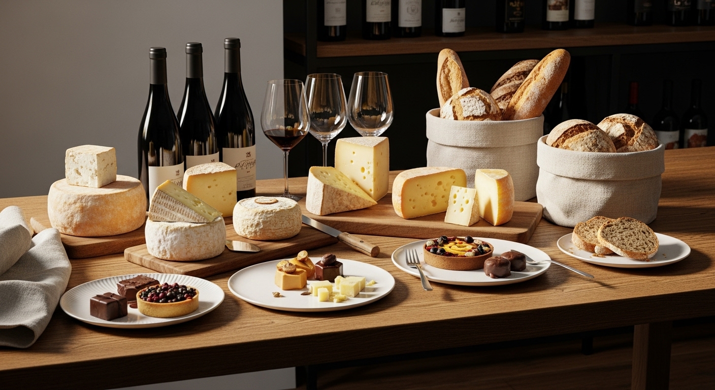 Vinhos e queijos postos em uma mesa do empório chef gourmet