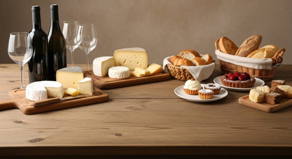 Vinhos e queijos postos em uma mesa do empório chef gourmet